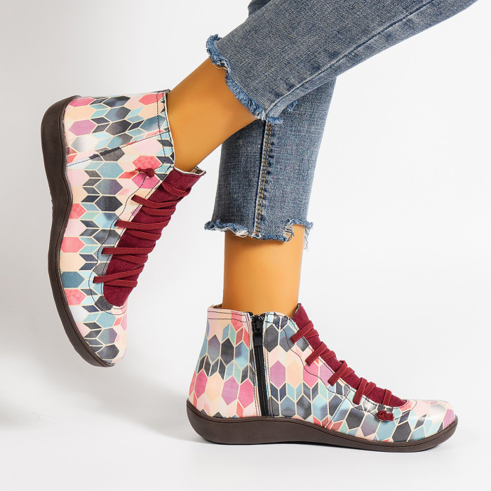 Retro Leather Flat Lace Up Mixed Color Ankle Boots