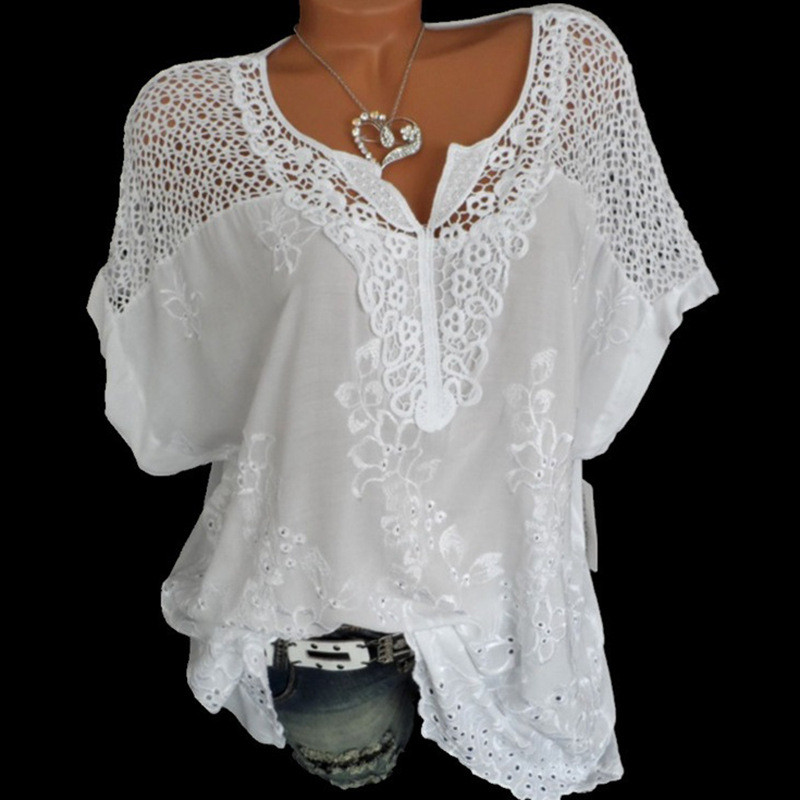 Fashion Solid Color Loose Lace Casual V-Neck Embroidered  Blouses