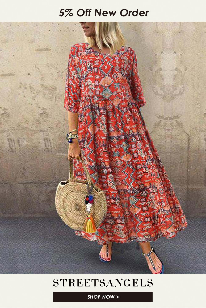 Boho Casual 3/4 Sleeve Vintage Print Party  Maxi Dress