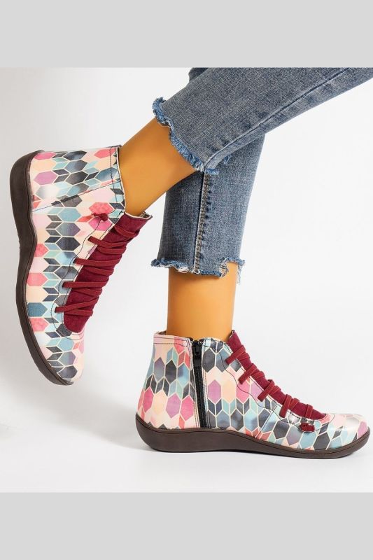 Retro Leather Flat Lace Up Mixed Color Ankle Boots