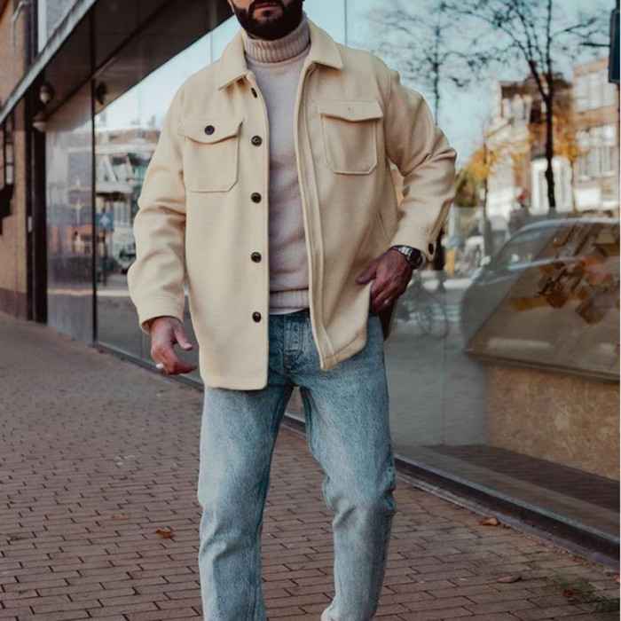 Men's Jacket Fashion Solid Color Long Sleeve Button Lapel Casual Coat