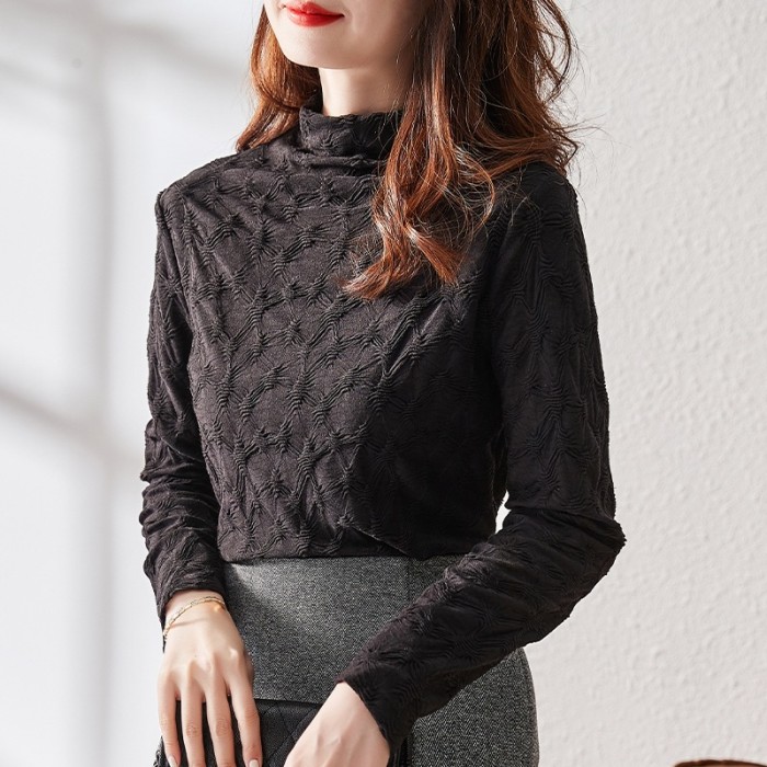 Fashionable Half Turtleneck Pleated Jacquard Lace Slim Fit Bottoming Shirt