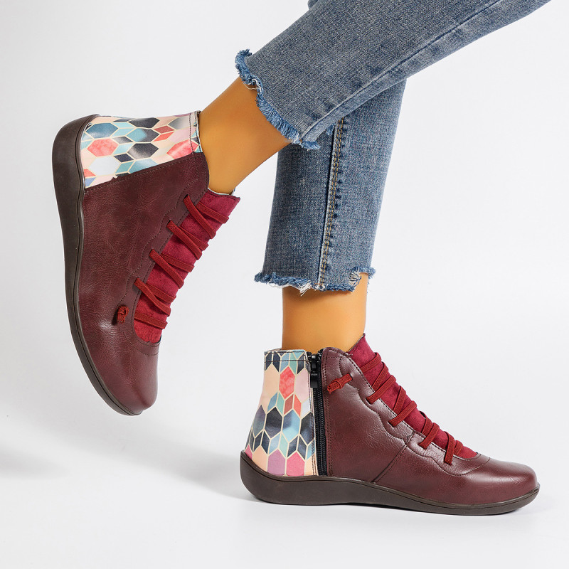 Retro Leather Flat Lace Up Mixed Color Ankle Boots