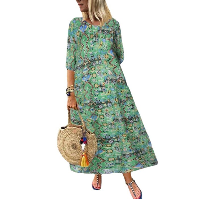 Boho Casual 3/4 Sleeve Vintage Print Party  Maxi Dress