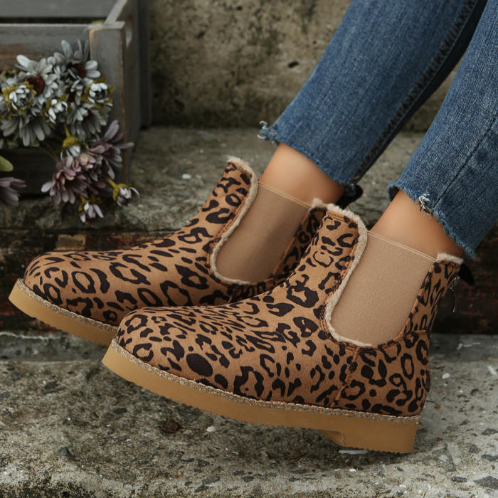 Women Fashion Zipper Up Leopard Print Snow Boots