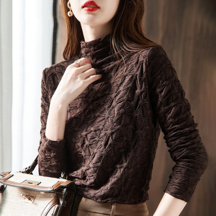 Fashionable Half Turtleneck Pleated Jacquard Lace Slim Fit Bottoming Shirt