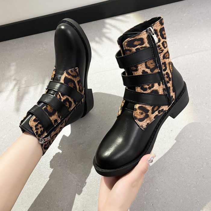 Women Leopard Print Color Matching Thick Bottom Boots