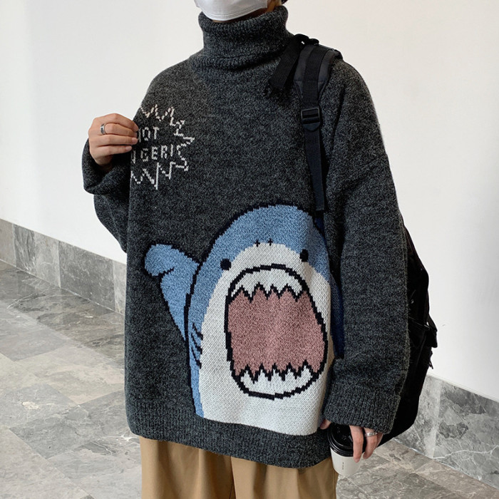 Fashion Cartoon Shark Turtleneck Couple Loose Korean Knit Sweater
