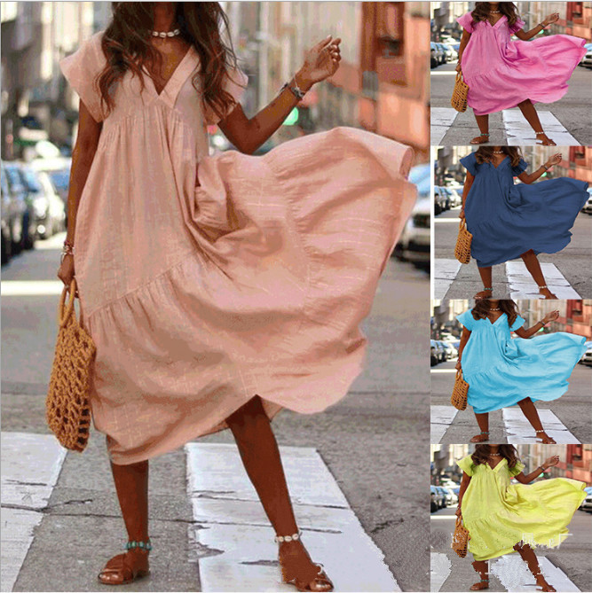 Casual Boho Loose V Neck Irregular Solid  Midi Dress