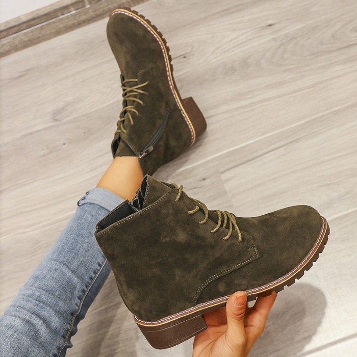 Women Vintage Suede Low Heel Lace Up Ankle Boots