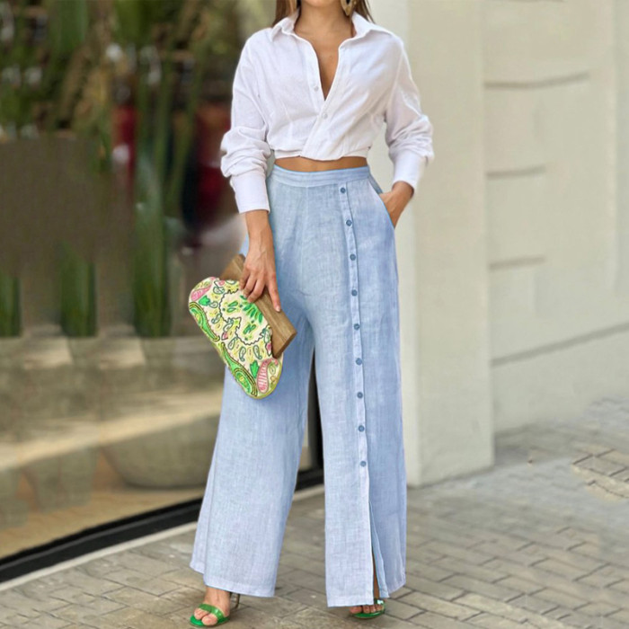 Casual Fashion Lapel Solid Color Long Sleeve Narrow Waist Top Loose Wide Leg Pants Two Pieces