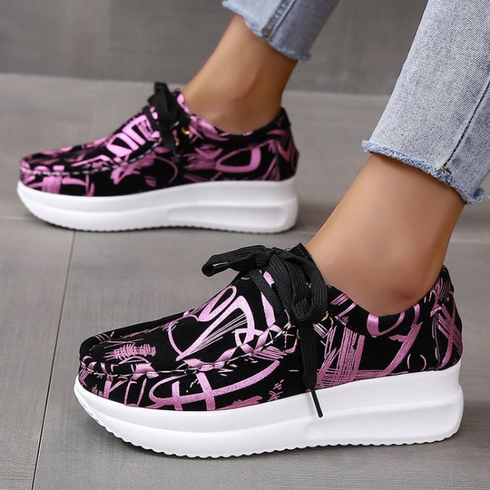 Women Lace-up Letter Printed Platform Sneakers