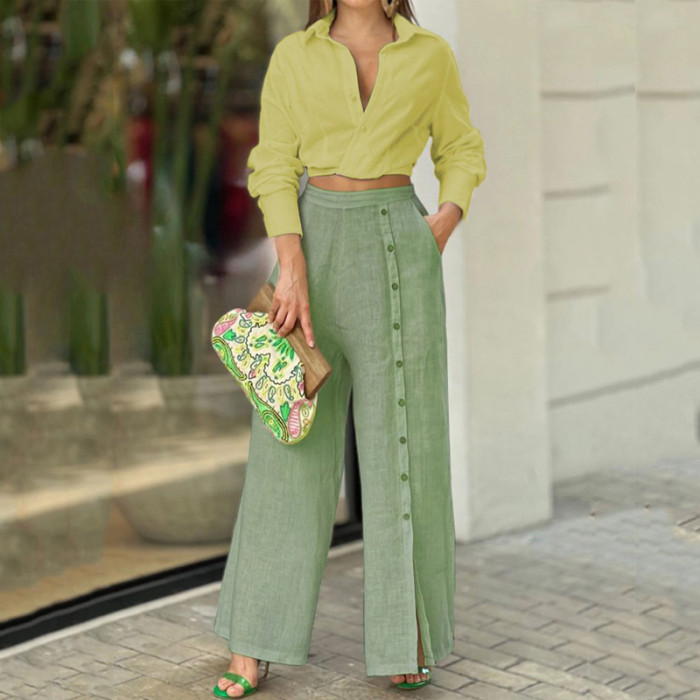 Casual Fashion Lapel Solid Color Long Sleeve Narrow Waist Top Loose Wide Leg Pants Two Pieces