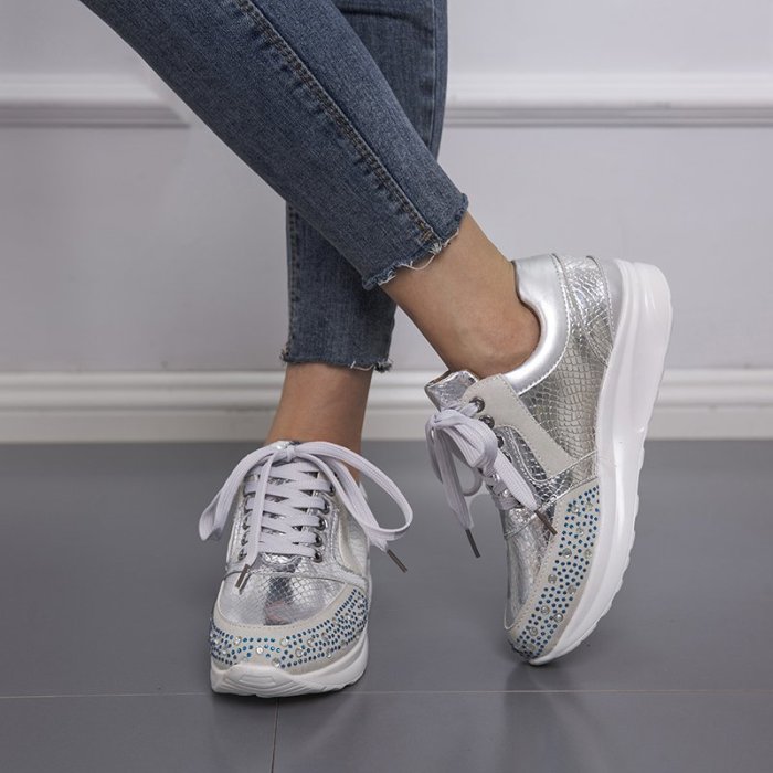 Women Rhinestone Decor Lace-up Platform Sneakers