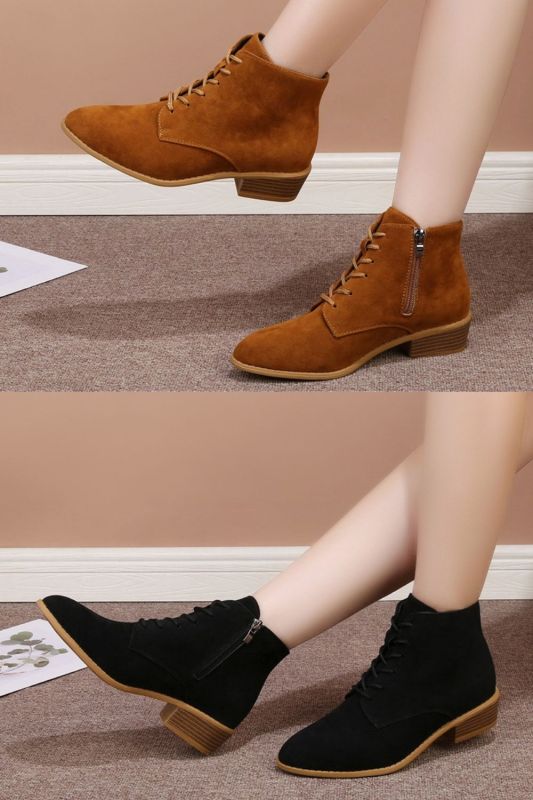 Women Solid Suede Pointed-Toe Lace Up Square Heel Boots