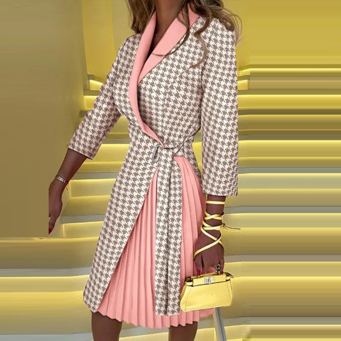 Stylish Elegant Knit Contrast Pleated Office V-Neck Casual Dress
