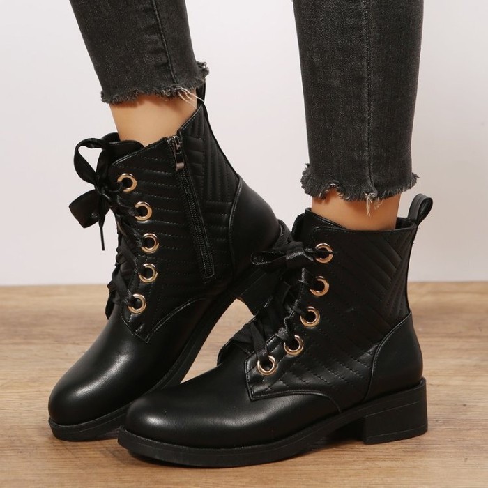 Women Round Toe Lace Up Casual Ankle Boots