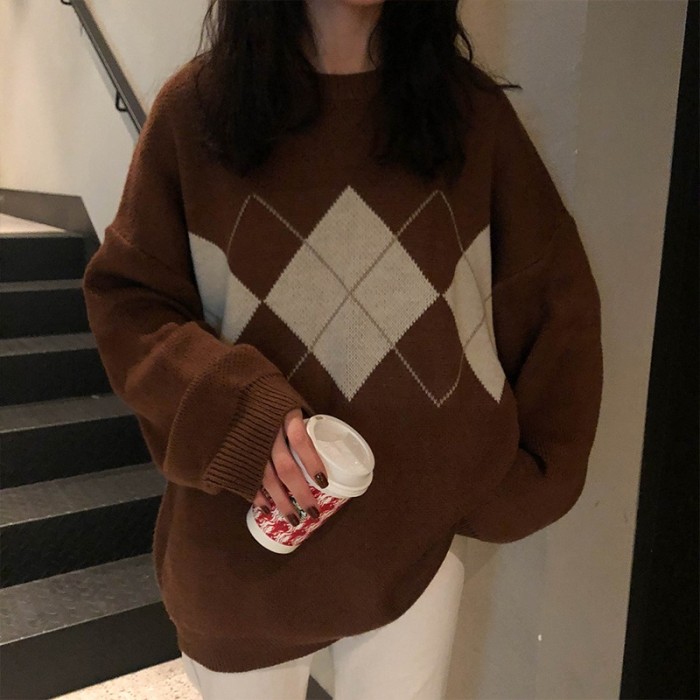 Knit Fashion Pullover Loose Plaid Casual Sweater