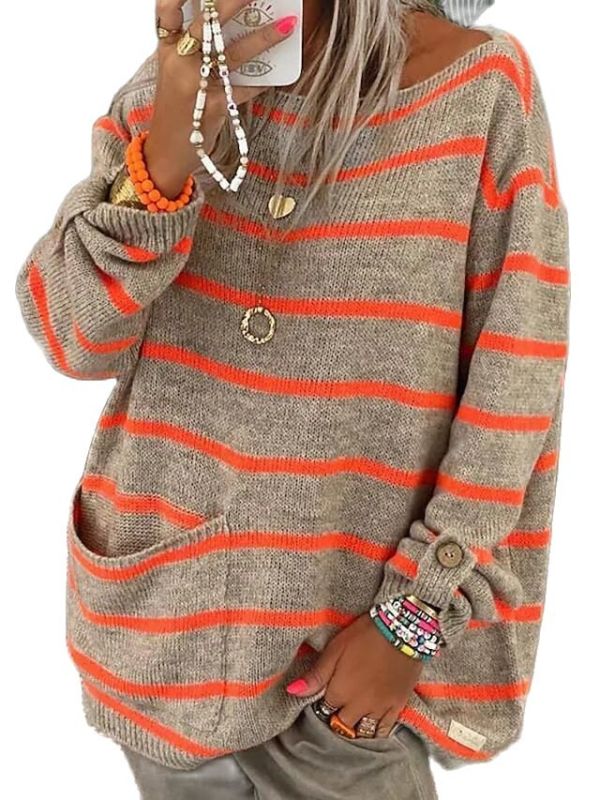 Trendy Striped Contrast Pullover Crewneck Loose Sweater
