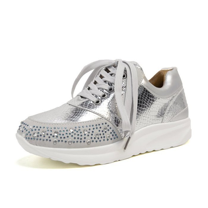 Women Rhinestone Decor Lace-up Platform Sneakers