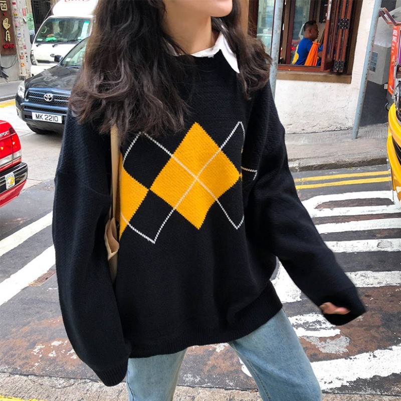 Knit Fashion Pullover Loose Plaid Casual Sweater