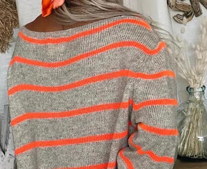 Trendy Striped Contrast Pullover Crewneck Loose Sweater