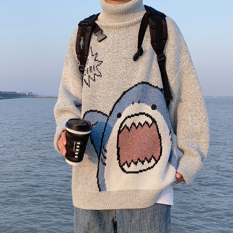 Fashion Cartoon Shark Turtleneck Couple Loose Korean Knit Sweater