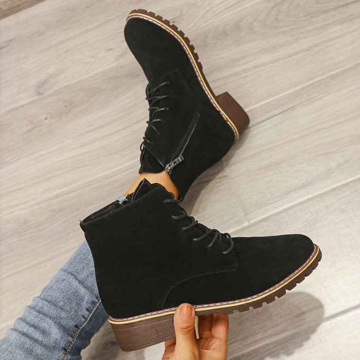 Women Vintage Suede Low Heel Lace Up Ankle Boots