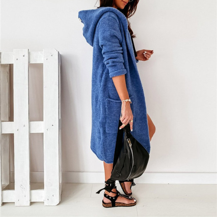 Loose Long Hooded Knit Cardigan Solid Color Pocket Coat