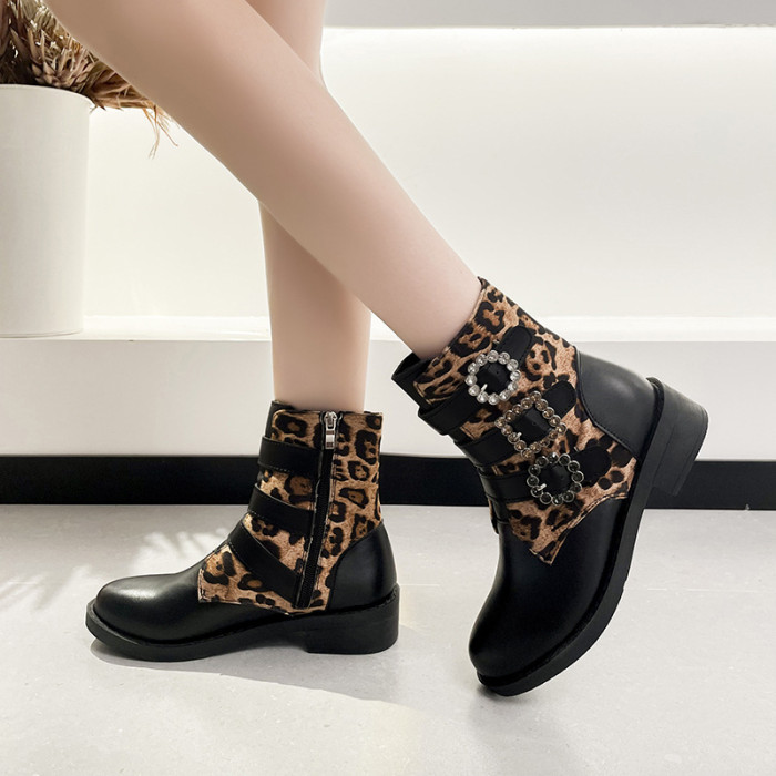 Women Leopard Print Color Matching Thick Bottom Boots