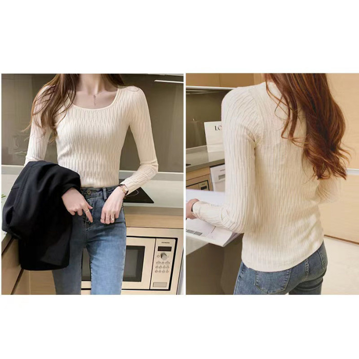 Fashion Knitted Bottoming Shirt Square Neck Long Sleeve Solid Color Top