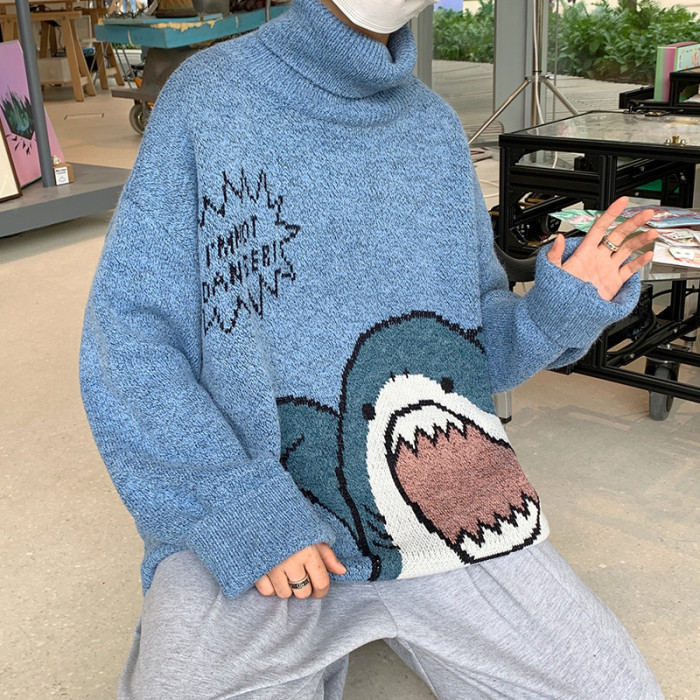 Fashion Cartoon Shark Turtleneck Couple Loose Korean Knit Sweater