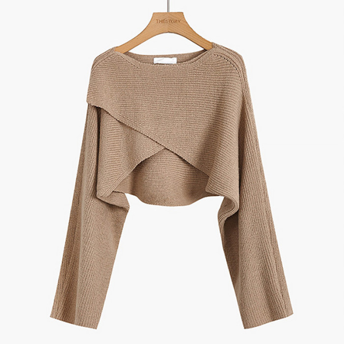 Fashion Street Knitted Long Sleeve Cross Irregular Solid Color Top