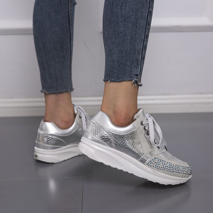 Women Rhinestone Decor Lace-up Platform Sneakers
