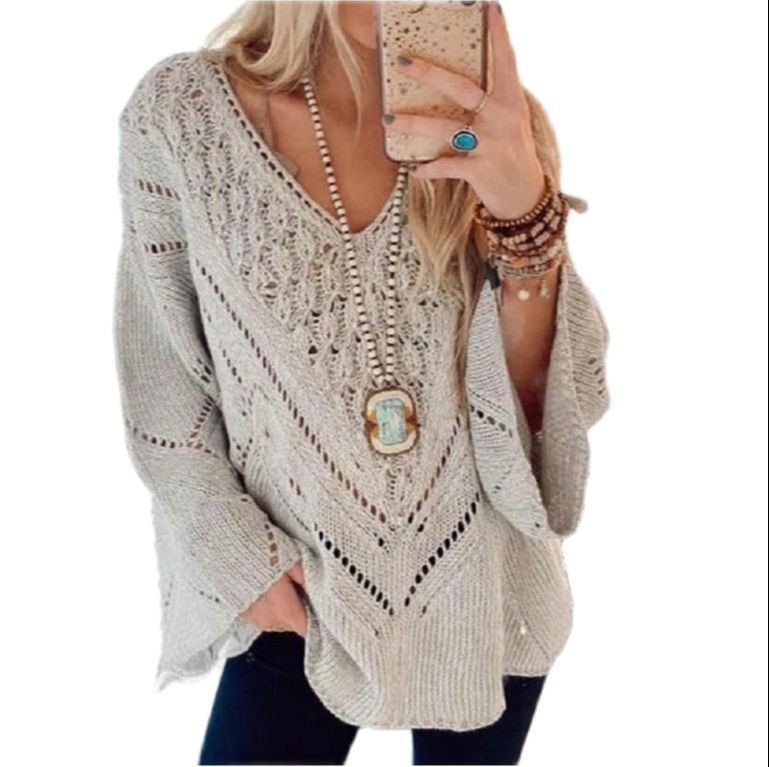 Solid Color Fashion Hollow Out Casual Loose V-Neck Sweater