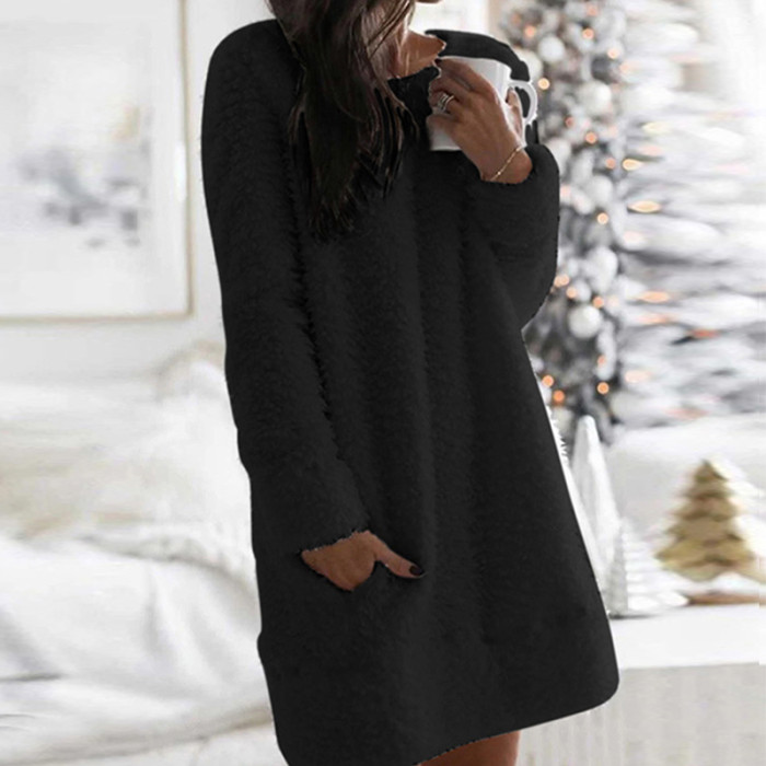 Fashion Warm Elegant O Neck Loose Plush Mini Party Casual Dress