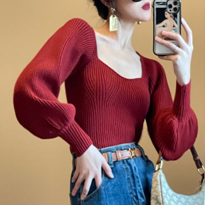 Fashion Solid Color U Neck Lantern Sleeve Knit Sweater