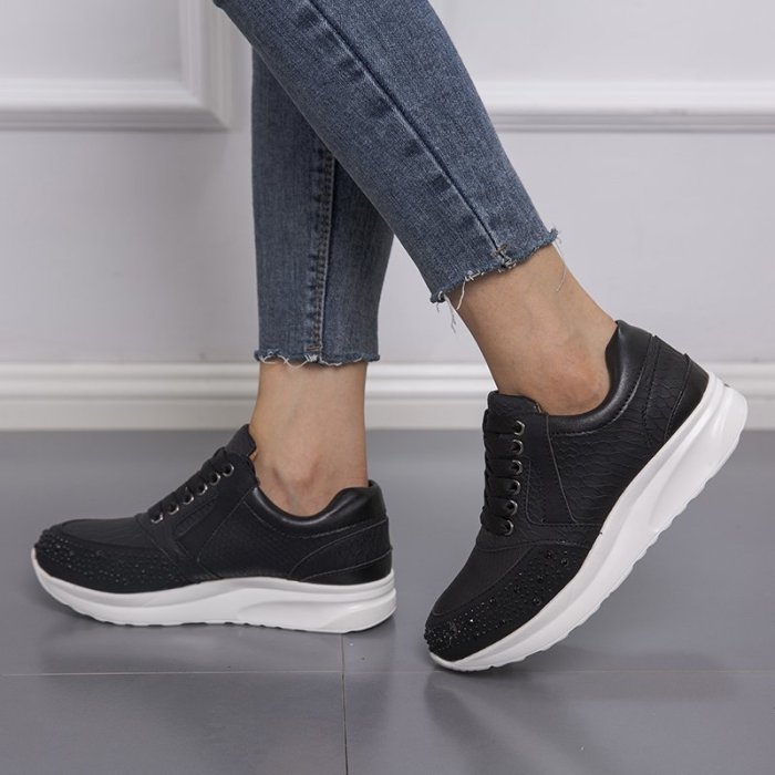 Women Rhinestone Decor Lace-up Platform Sneakers