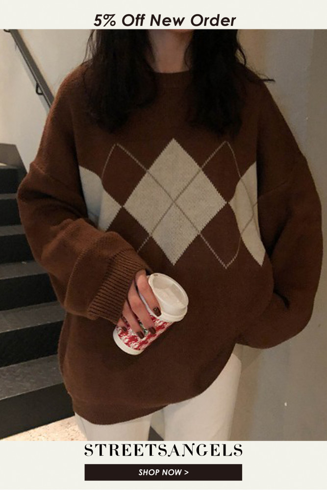 Knit Fashion Pullover Loose Plaid Casual Sweater