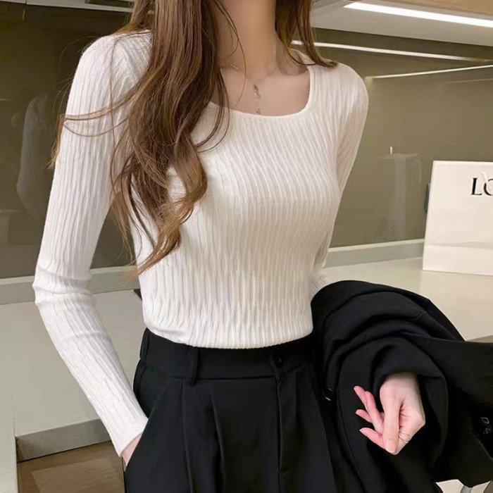 Fashion Knitted Bottoming Shirt Square Neck Long Sleeve Solid Color Top