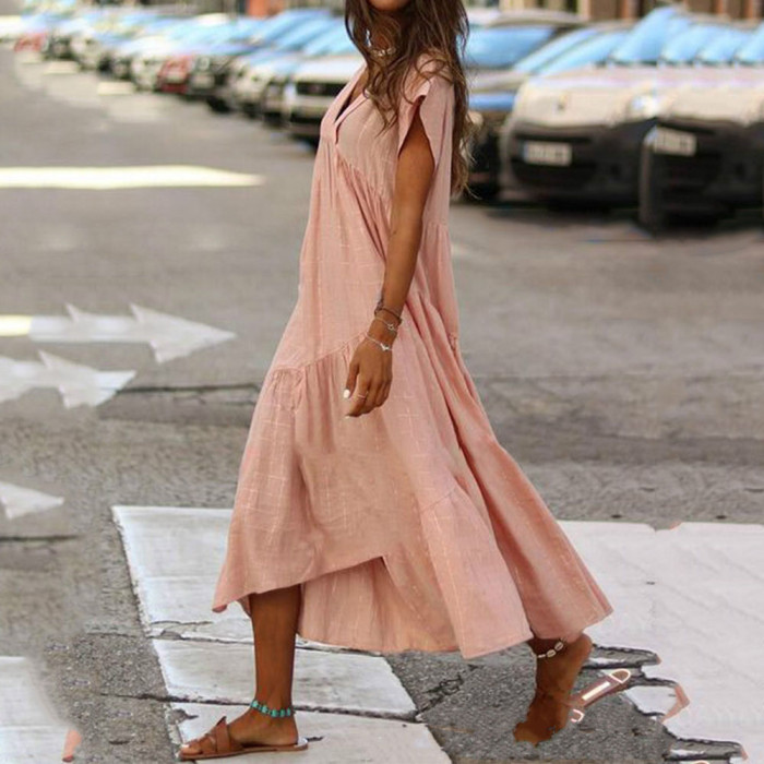 Casual Boho Loose V Neck Irregular Solid  Midi Dress