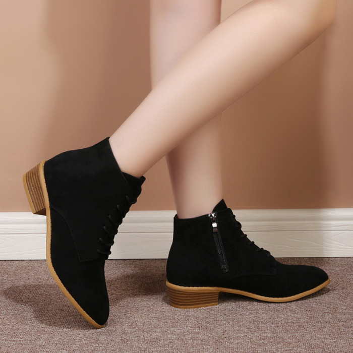 Women Solid Suede Pointed-Toe Lace Up Square Heel Boots