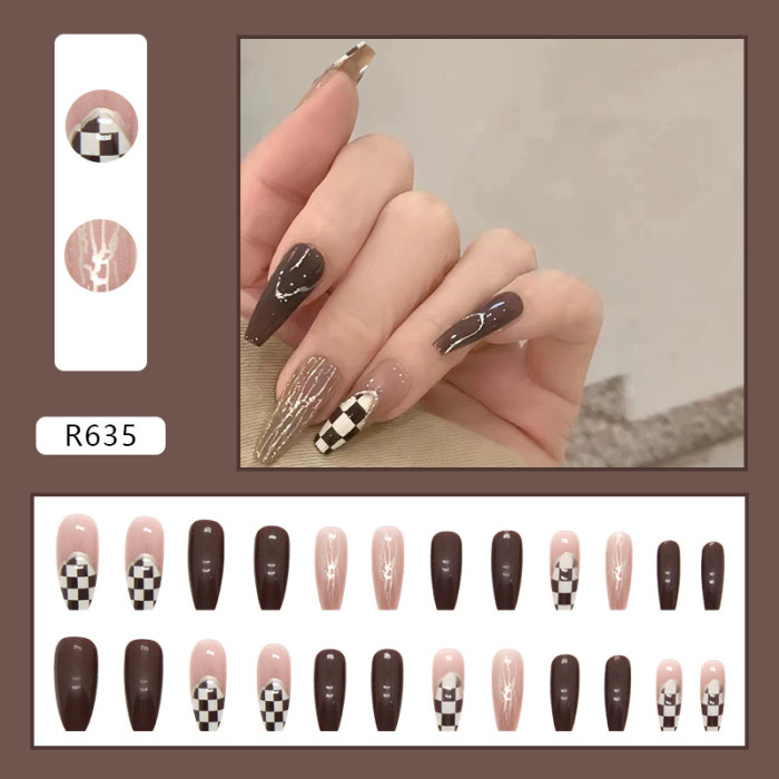 Chocolate Long Ballet Nails Gold Foil Pattern Irregular Checkerboard Nail Art