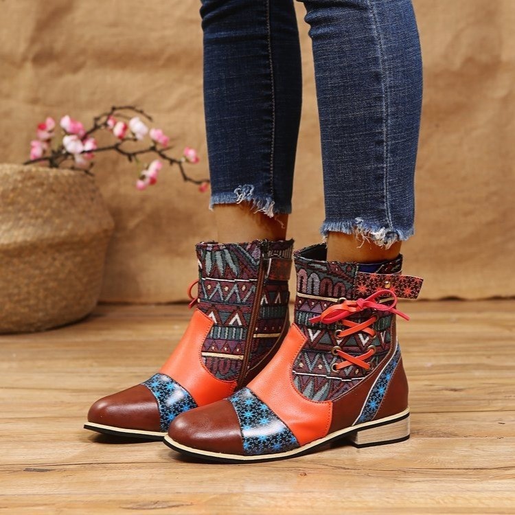 Women Ethnic Style Printing Splicing Square Heel Boots