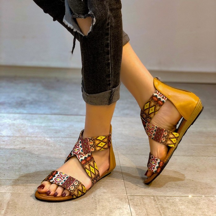 Women Bohemian Retro Print Open Toe Flat Sandals