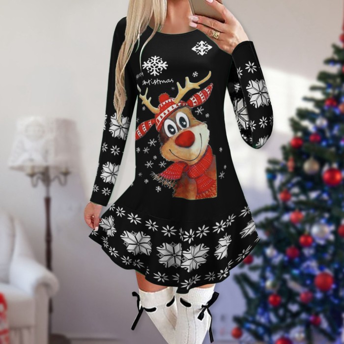 Christmas Fashion Snowflake Print Long Sleeve Loose Party  Mini Dress