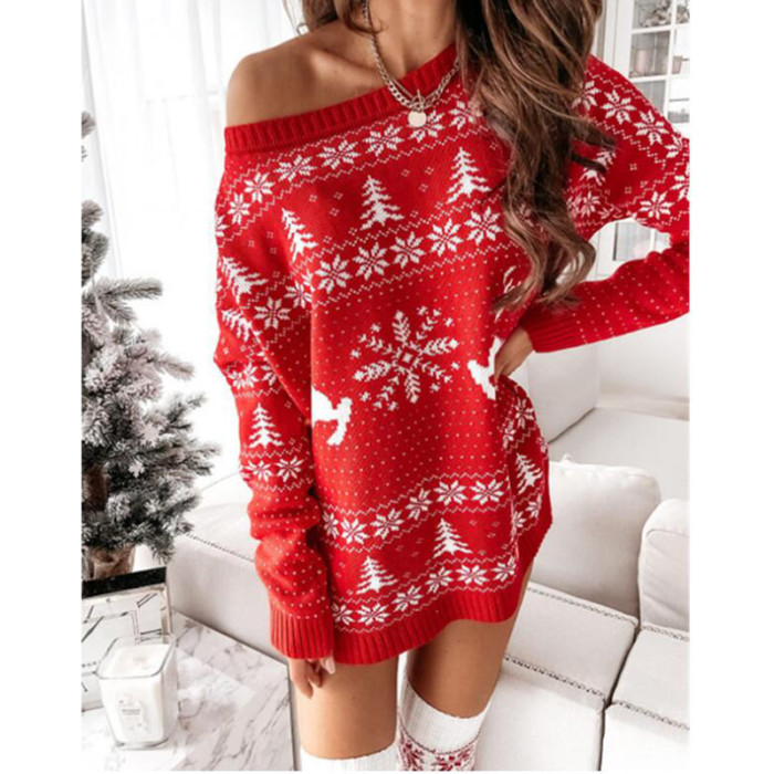 Christmas Sweater Red Long Sleeve Loose Mini Party Knit  Dress