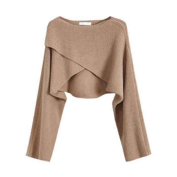Fashion Street Knitted Long Sleeve Cross Irregular Solid Color Top