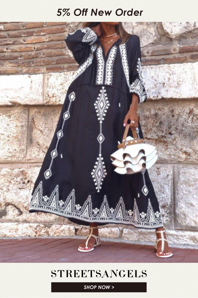 Fashion Sexy Retro Boho Long Sleeves Maxi Dress