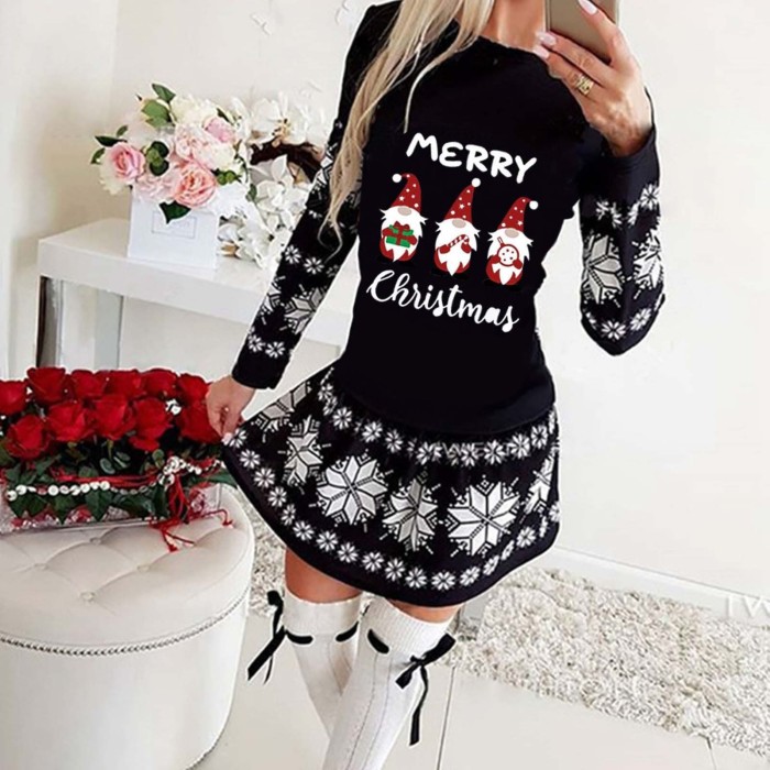 Christmas Fashion Long Sleeve Mini Print Swing Casual Dress